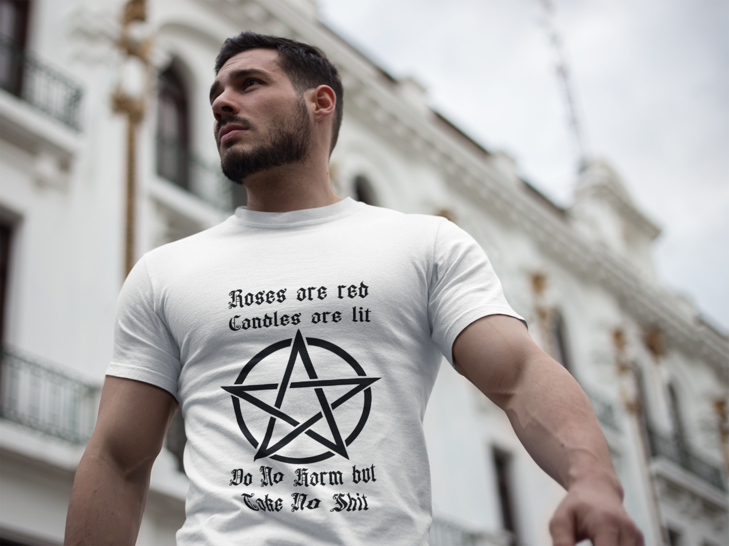 Gothic Men's Tee - "Roses are Red, Candles are Lit" with Pentagram Design - Perfect for Alternative Fashion & Witchy Vibes